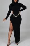 Fashion Sexy Solid Hollowed Out Slit O Neck Long Sleeve Dresses (Without Waist Chain)