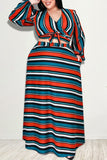 Casual Striped Print Bandage Split Joint V Neck Plus Size Two Pieces