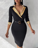 Contrast Sequin Eyelet Buckled Bodycon Dress