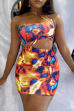Fashion Sexy Print Hollowed Out Backless Halter Strapless Dress Dresses