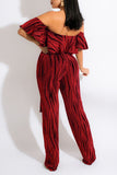 Casual Print Split Joint Flounce Off the Shoulder Straight Jumpsuits