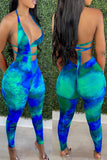 Sexy Print Bandage Hollowed Out Split Joint Backless Asymmetrical Halter Regular Jumpsuits