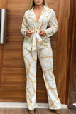 Fashion Casual Print Bandage V Neck Long Sleeve Two Pieces