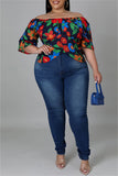 Fashion Casual Print Split Joint Off the Shoulder Plus Size Tops