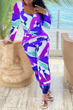 Casual Print Split Joint O Neck Long Sleeve Two Pieces