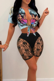 Casual Print Lace V Neck Plus Size Two Pieces