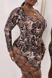 Fashion Sexy Leopard Hollowed Out U Neck One Step Skirt Plus Size Dresses