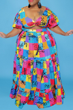Sexy Print Draw String V Neck Cake Skirt Plus Size Two Pieces