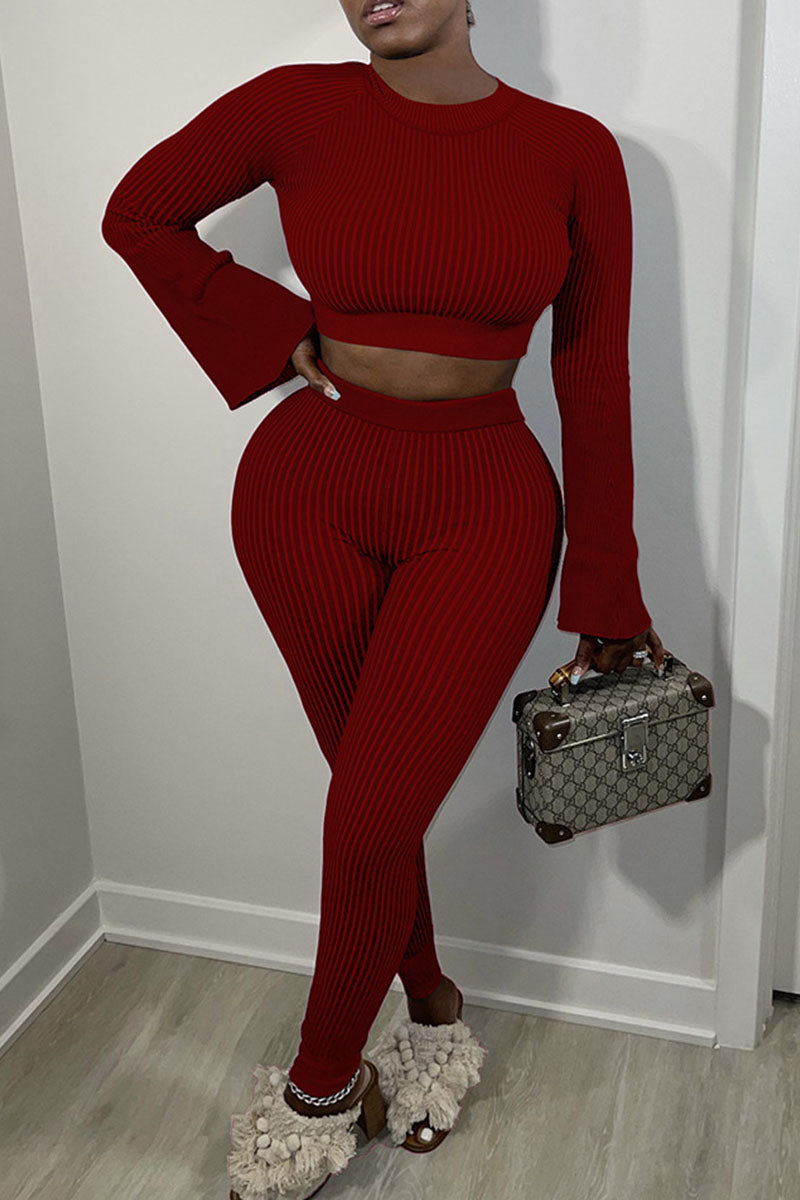 Sexy Solid Split Joint O Neck Long Sleeve Two Pieces