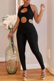 Fashion Sexy Solid Bandage Hollowed Out Backless Halter Skinny Jumpsuits