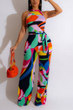 Casual Daily Print With Belt O Neck Regular Jumpsuits