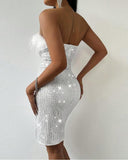 Feather Detail Allover Sequin Party Dress