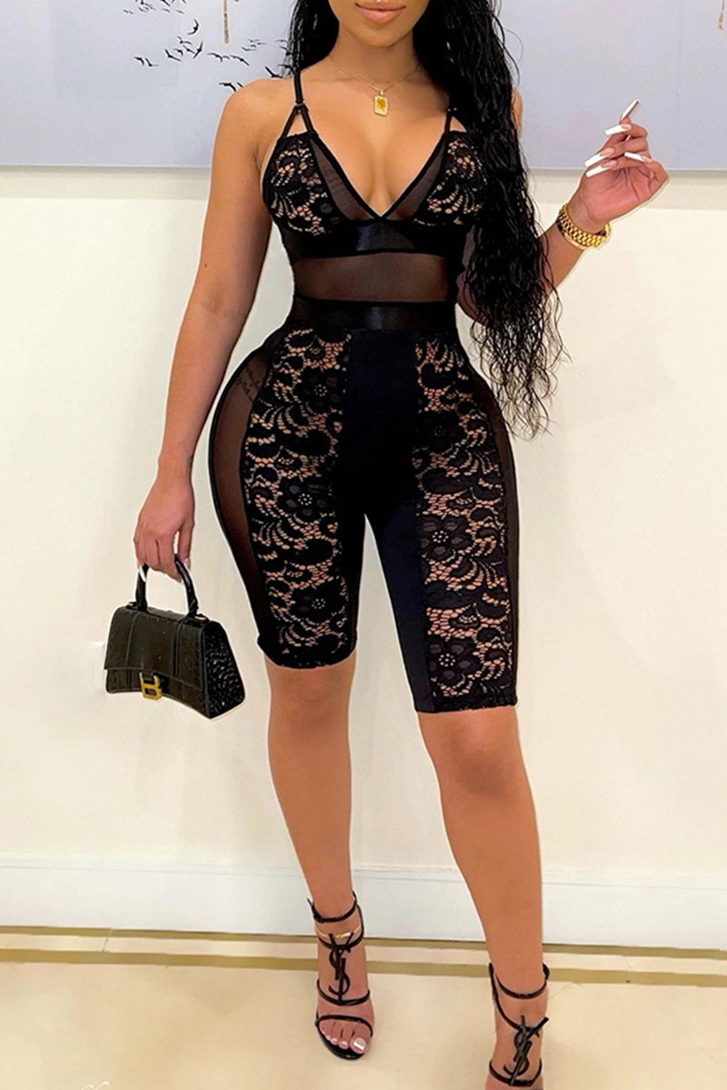 Fashion Sexy Patchwork See-through Backless V Neck Skinny Romper