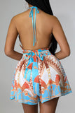 Sexy Print Split Joint Backless Halter Sleeveless Two Pieces