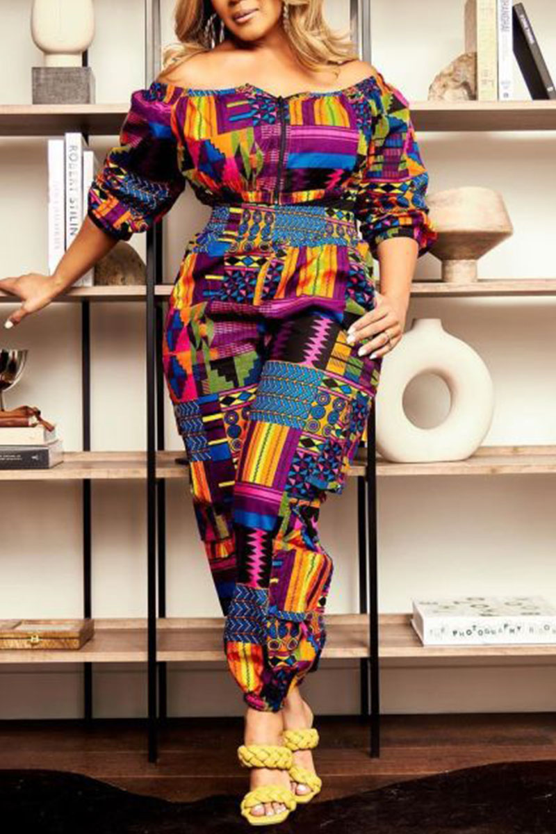 Casual Print Split Joint Off the Shoulder Plus Size Two Pieces