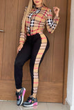 Casual Plaid Print Split Joint Hooded Collar Long Sleeve Two Pieces