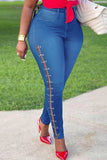 Fashion Casual Solid Hollowed Out Metal Accessories Decoration Mid Waist Regular Denim Jeans