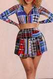 Casual Plaid Print Split Joint Zipper Collar Long Sleeve Two Pieces