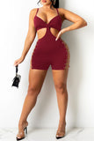 Sexy Solid Hollowed Out Chains Backless Zipper Spaghetti Strap Skinny Romper