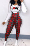 Casual Plaid Print Split Joint O Neck Long Sleeve Two Pieces