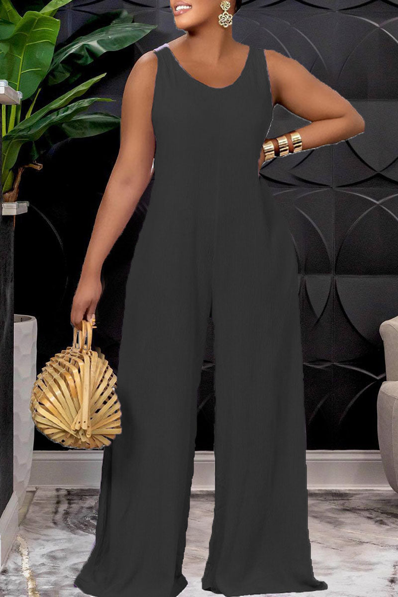 Casual Solid Split Joint Frenulum Backless O Neck Straight Jumpsuits
