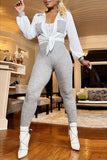 Casual Daily Elegant Plain Pocket Contrast Zipper Turndown Collar Long Sleeve Two Pieces