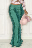 Fashion Solid Split Joint Feathers Boot Cut High Waist Speaker Solid Color Bottoms