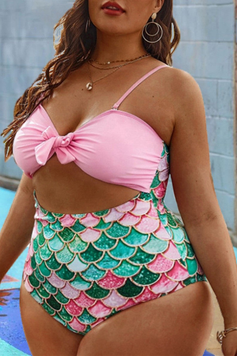 Fashion Sexy Patchwork Print Hollowed Out Backless Spaghetti Strap Plus Size Swimwear