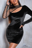 Fashion Sexy Patchwork Hollowed Out Half A Turtleneck Long Sleeve Dresses