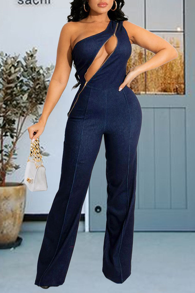 Casual Solid Split Joint Zipper Oblique Collar Straight Jumpsuits
