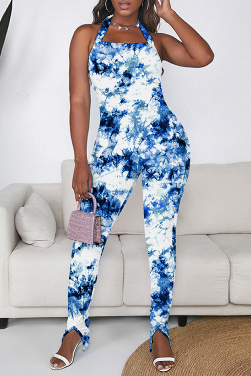 Sexy Casual Print Tie Dye Backless Halter Skinny Jumpsuits