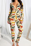 Casual Print Split Joint Buttons V Neck Skinny Jumpsuits