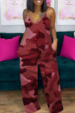 Casual Camouflage Print Split Joint Spaghetti Strap Loose Jumpsuits