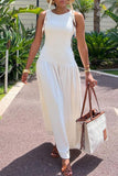 Elegant Vacation Simplicity Plain Fold O Neck Long Dress Dresses