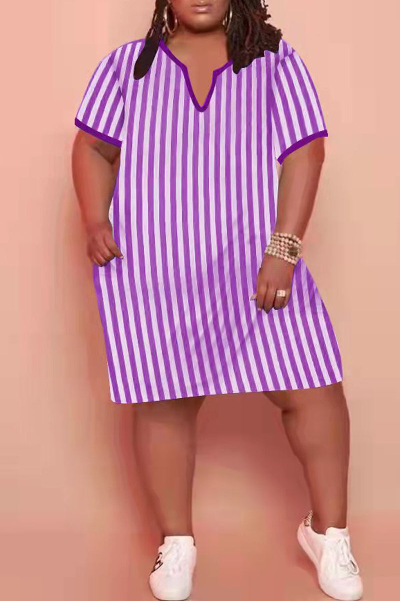 Fashion Casual Plus Size Striped Print Split Joint V Neck Short Sleeve Dress