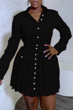 Casual Striped Patchwork Pleated Turndown Collar Long Sleeve Dresses