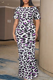 Plus Size Fashion Casual Print Leopard Slit Fold O Neck Short Sleeve Dress