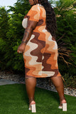 Fashion Casual Plus Size Print Patchwork Contrast O Neck Short Sleeve Dress