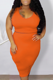 Casual Solid Split Joint O Neck Pencil Skirt Plus Size Two Pieces