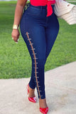 Fashion Casual Solid Hollowed Out Metal Accessories Decoration Mid Waist Regular Denim Jeans