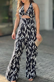 Casual Print Bandage Hollowed Out Backless Halter Regular Jumpsuits