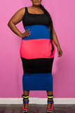Casual Striped Print Split Joint U Neck Pencil Skirt Plus Size Dresses