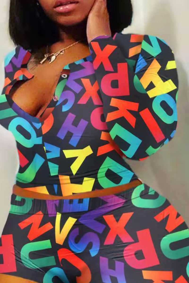 Street Letter Print Split Joint Buttons O Neck Plus Size Two Pieces