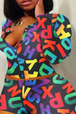 Street Letter Print Split Joint Buttons O Neck Plus Size Two Pieces
