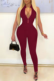 Casual Solid Split Joint Hot Drill O Neck Regular Jumpsuits