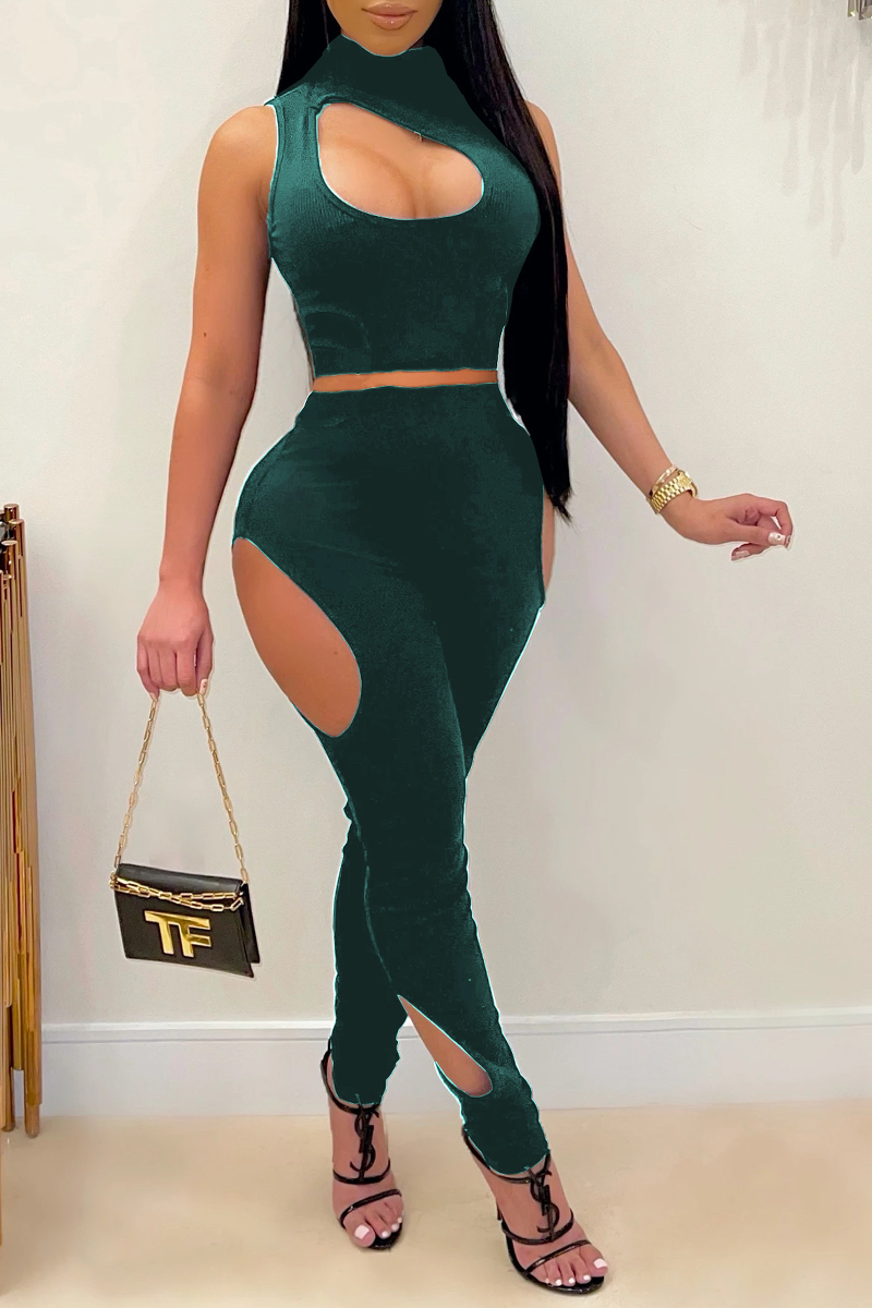 Sexy Solid Hollowed Out Half A Turtleneck Sleeveless Two Pieces