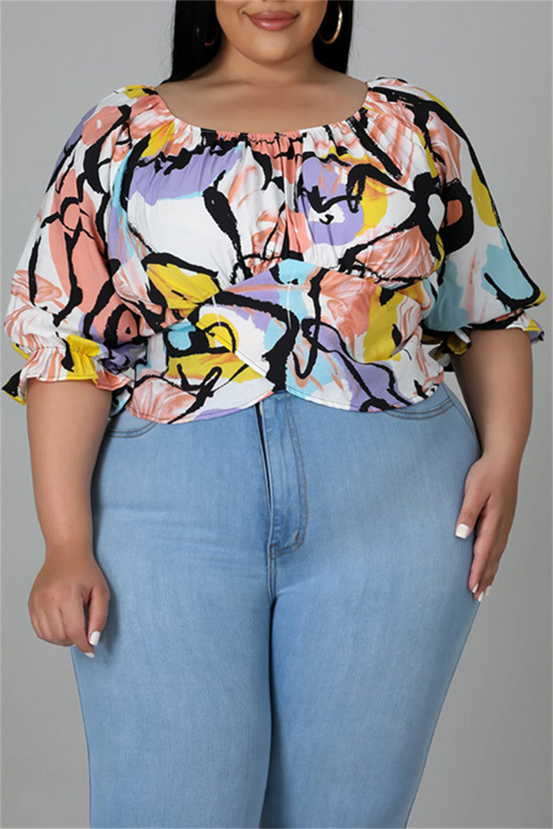 Fashion Casual Print Split Joint Off the Shoulder Plus Size Tops