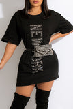 Casual Solid Split Joint Hot Drill O Neck T-shirt Dress Dresses
