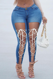 Casual Solid Draw String Plus Size Jeans