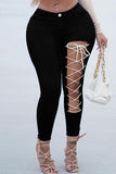 Fashion Casual Solid Bandage Hollowed Out High Waist Skinny Jeans